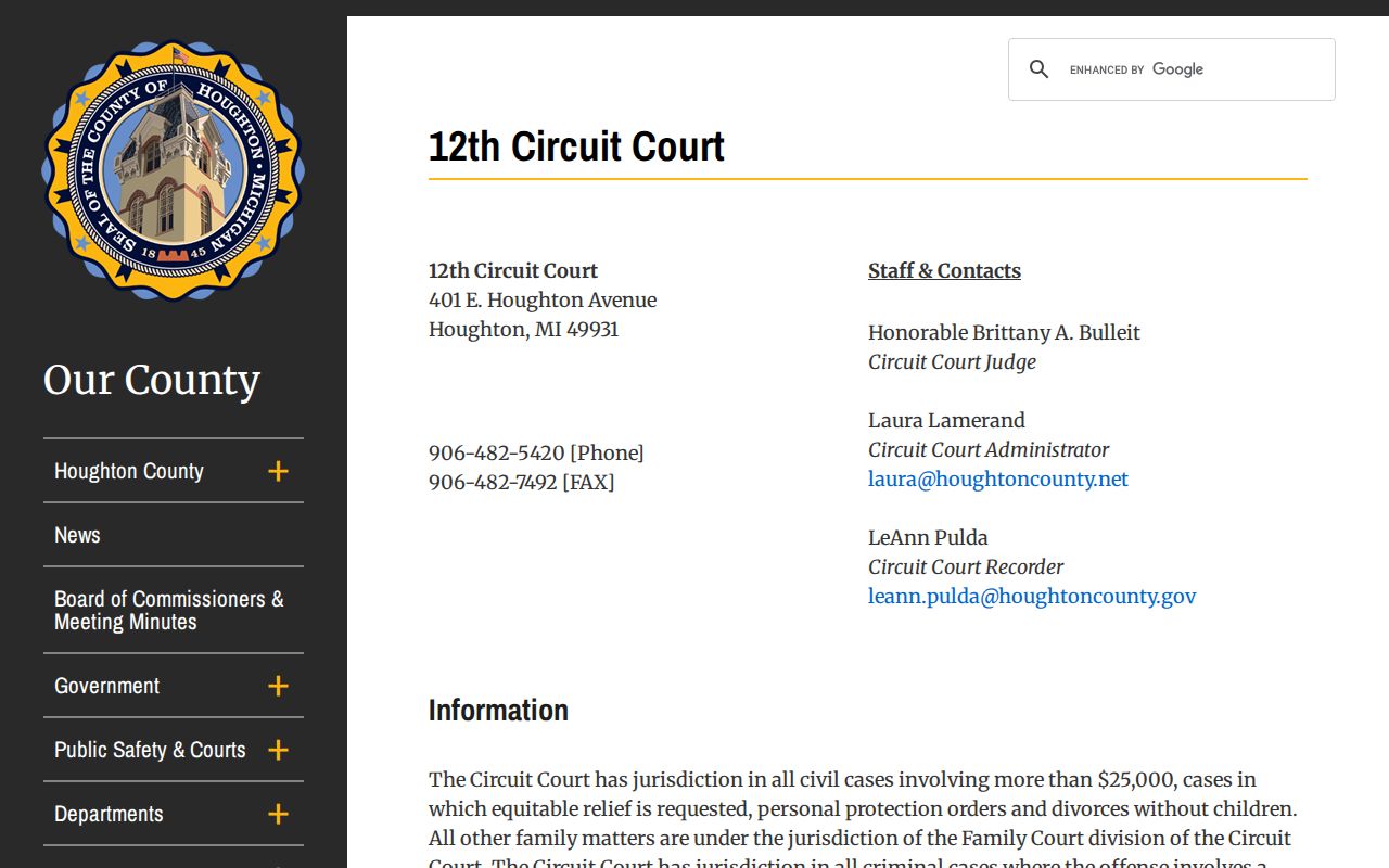 Houghton County civil docket 12th Circuit Court copy fee information