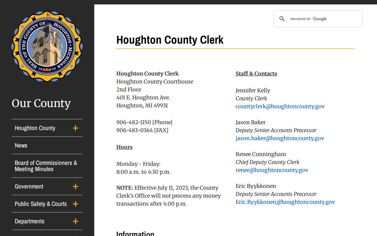 Houghton County court records County Clerk counter information