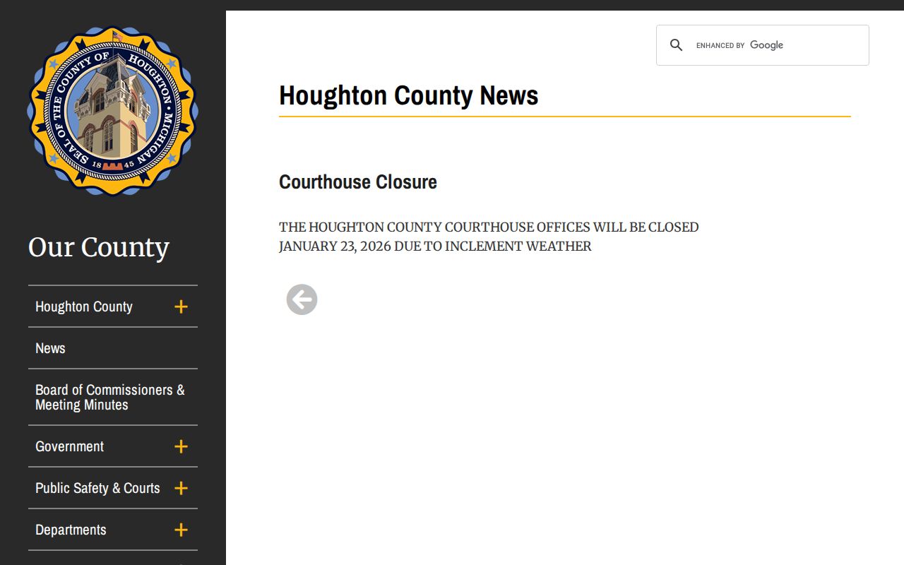 Houghton County court schedule courthouse closure notice