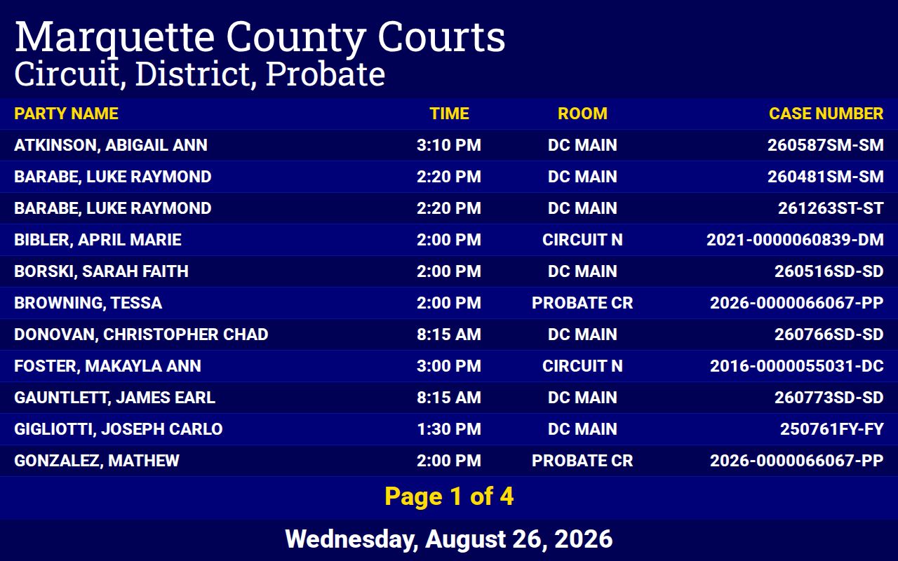Houghton County court schedule public calendar field sample
