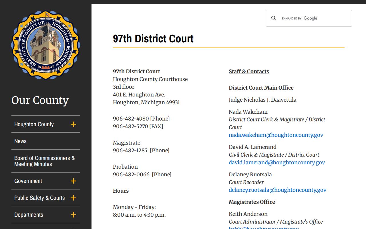 Houghton County criminal docket 97th District Court service information
