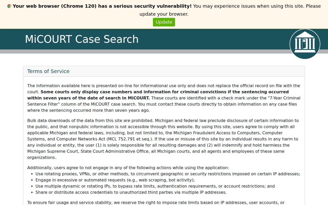 Houghton County docket search MiCOURT Case Search landing page