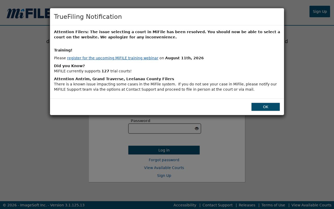 Houghton County case search MiFILE login screen
