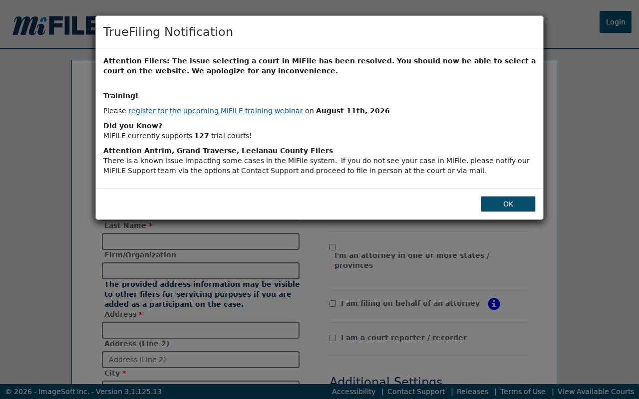 Houghton County docket search MiFILE registration fields