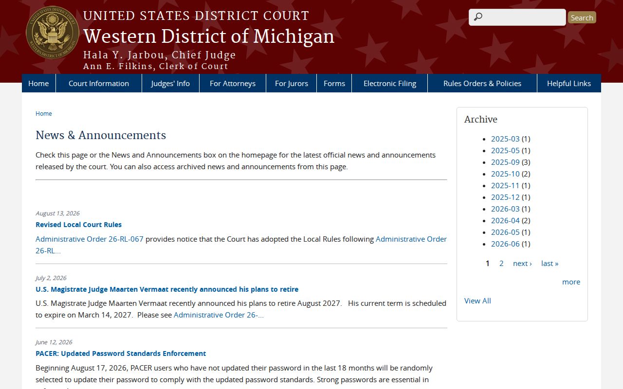 Houghton County court docket calendar access and federal court notice source
